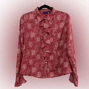 Karen Scott Swirl Pattern Red Ruffle Placket Blouse Sz M
